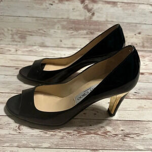 Jimmy Choo Peep Toe Heel Women’s Size 35.5 Black Patent Leather Gold